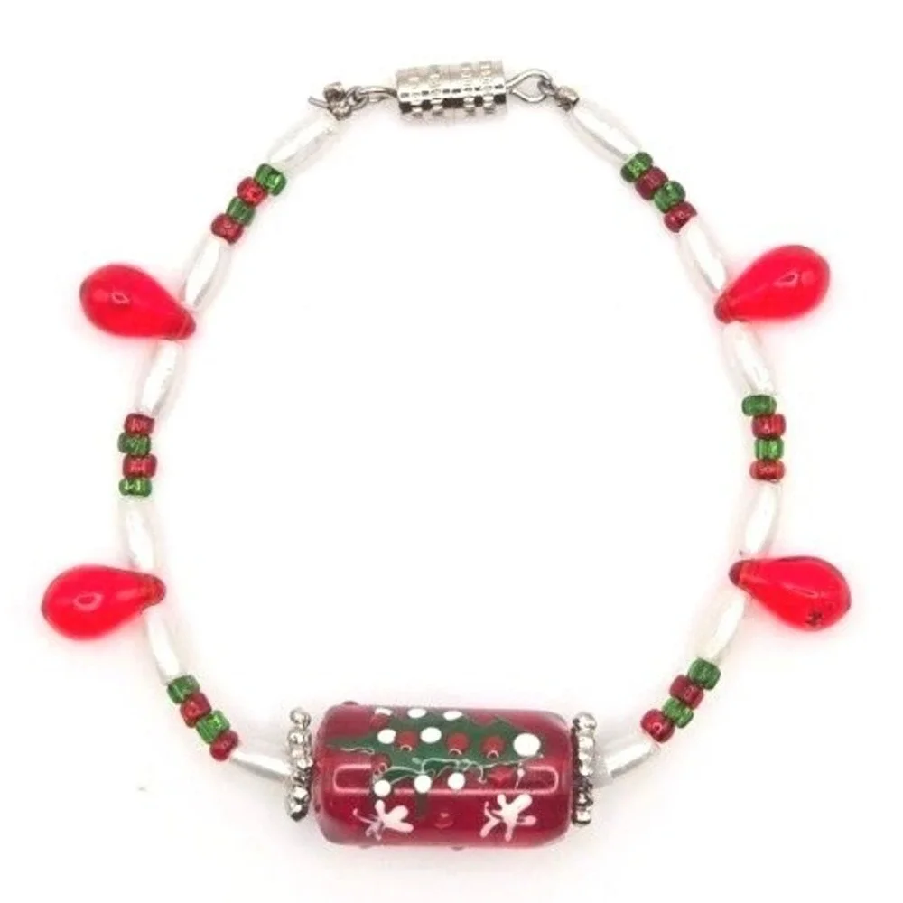 Christmas Tree Glass Bead Bracelet Red‎ Green White Festive Holiday Jewelry Kids
